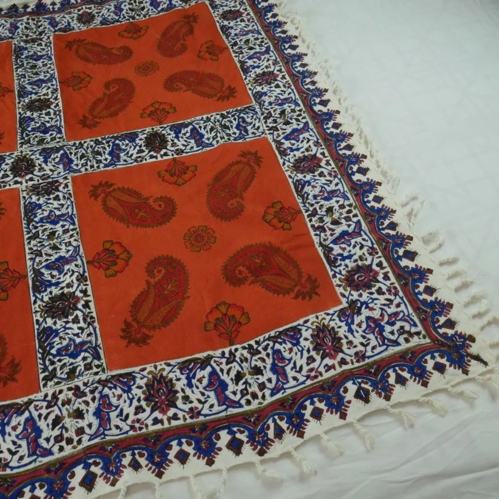 Vintage Hand Block Print Cotton Tablecloth Orange Paisley Fringe Boho 37
